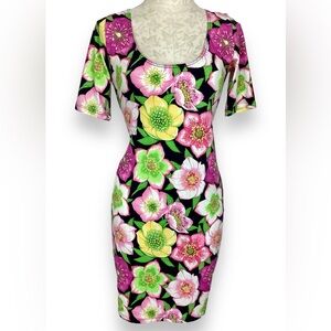 Manuel Canovas Bight Pink Green Scoop Neck Bodycon Dress floral tropical